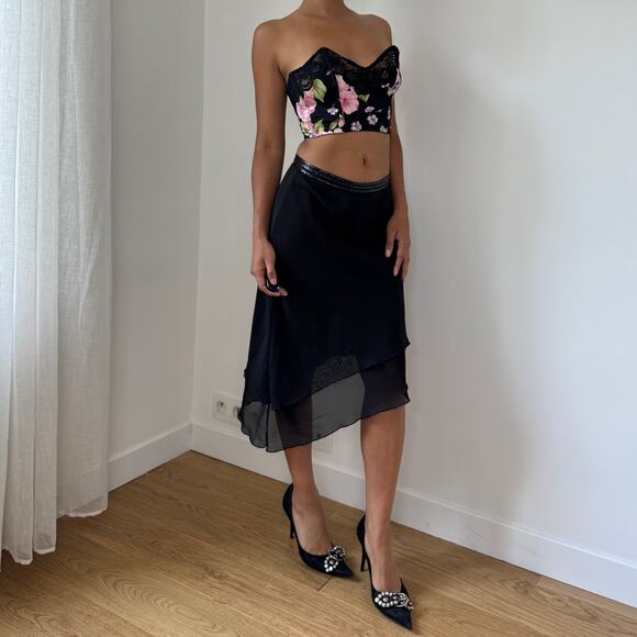 Vintage 90s Italian Black Floral Bustier Crop Top with Lace Trim (S, C cup) - Picture 6 of 12